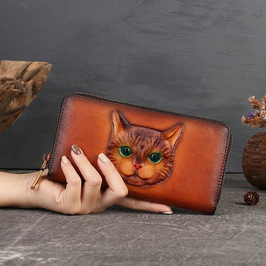 Genuine Leather Coin Purse Cat Embossed Multi - card - slot Card Holder Design Sense Dark Brown