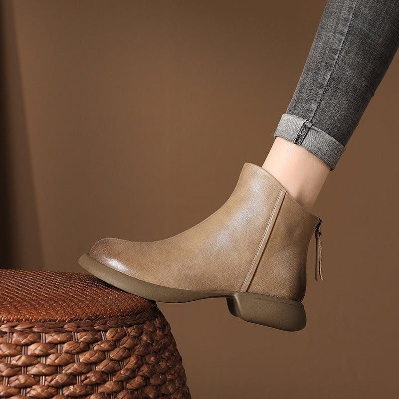 Genuine Leather Retro Western Style Short Boots Khaki Unlined Miles