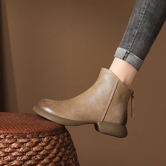 Genuine Leather Retro Western Style Short Boots Khaki Unlined Miles