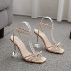 Glamorous Sexy Bow Rhinestone Catwalk Sandals Apricot
