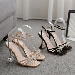 Glamorous Sexy Bow Rhinestone Catwalk Sandals Apricot