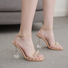 Glamorous Sexy Bow Rhinestone Catwalk Sandals Apricot