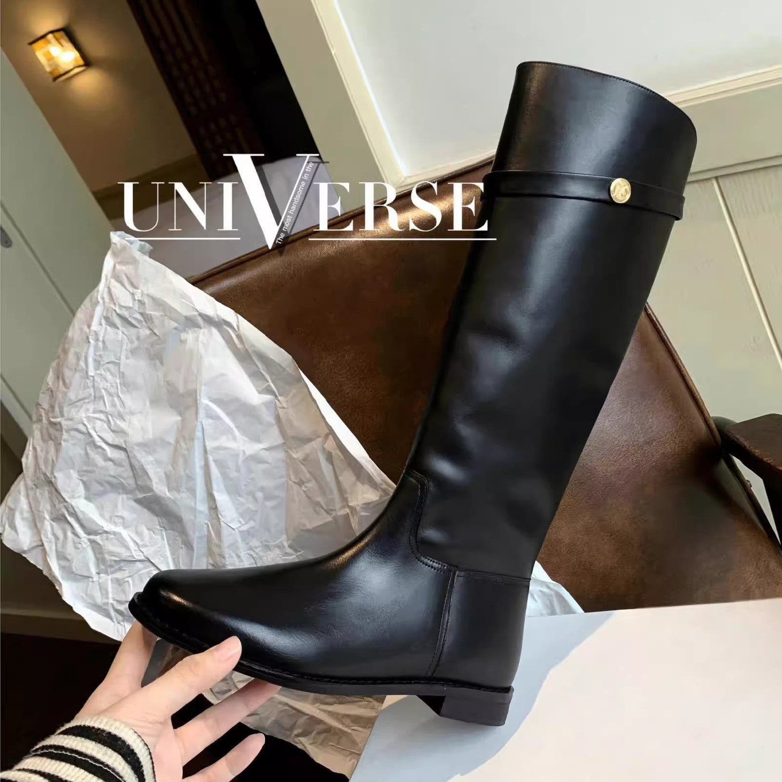 Gold Coin Chunky Heel Platform Medium Boots Black Plus Velvet
