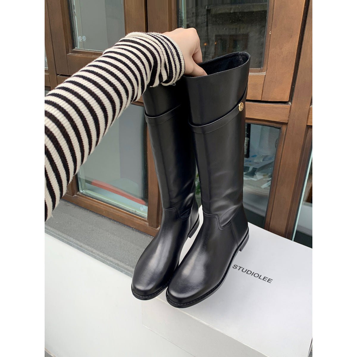 Gold Coin Chunky Heel Platform Medium Boots Black Plus Velvet