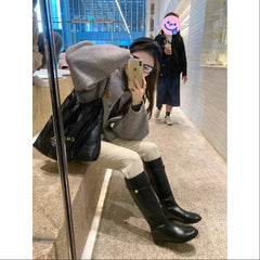 Gold Coin Chunky Heel Platform Medium Boots Black Plus Velvet