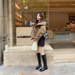 Gold Coin Chunky Heel Platform Medium Boots Black Plus Velvet