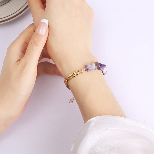 Gold Stainless Steel Natural Stone Crystal Gravel Bracelet Amethyst
