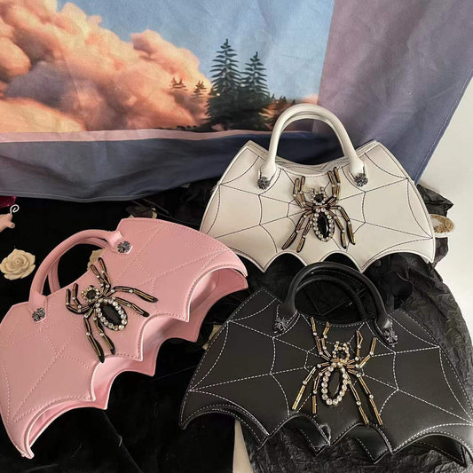 Gothic Dark Bat Spider Web Vintage Tote Bag with Clutch Black