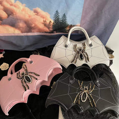 Gothic Dark Bat Spider Web Vintage Tote Bag with Clutch Black