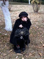 Gothic Dark Bat Spider Web Vintage Tote Bag with Clutch Black