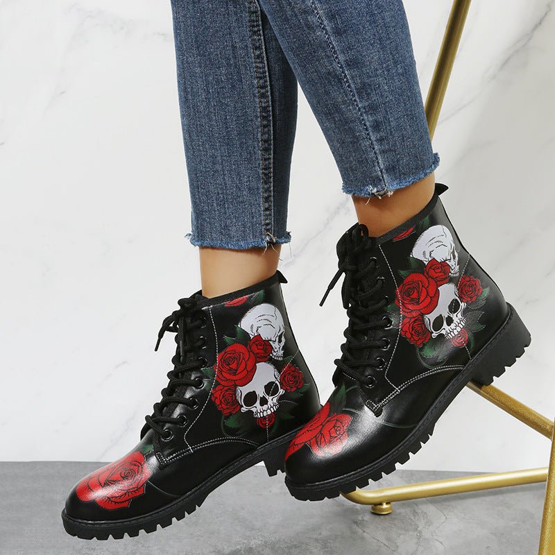 Halloween Shoes Rose Flower Print Lace - up Ankle Boots Women Red Rose