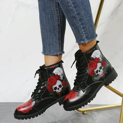 Halloween Shoes Rose Flower Print Lace - up Ankle Boots Women Red Rose