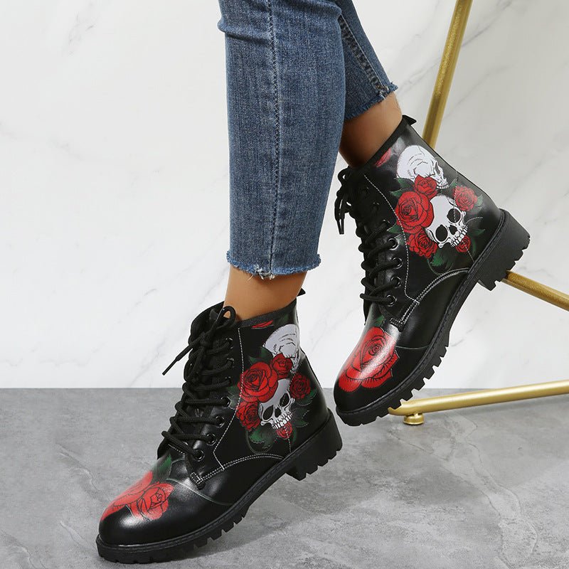 Halloween Shoes Rose Flower Print Lace - up Ankle Boots Women White Rose
