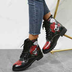 Halloween Shoes Rose Flower Print Lace - up Ankle Boots Women White Rose