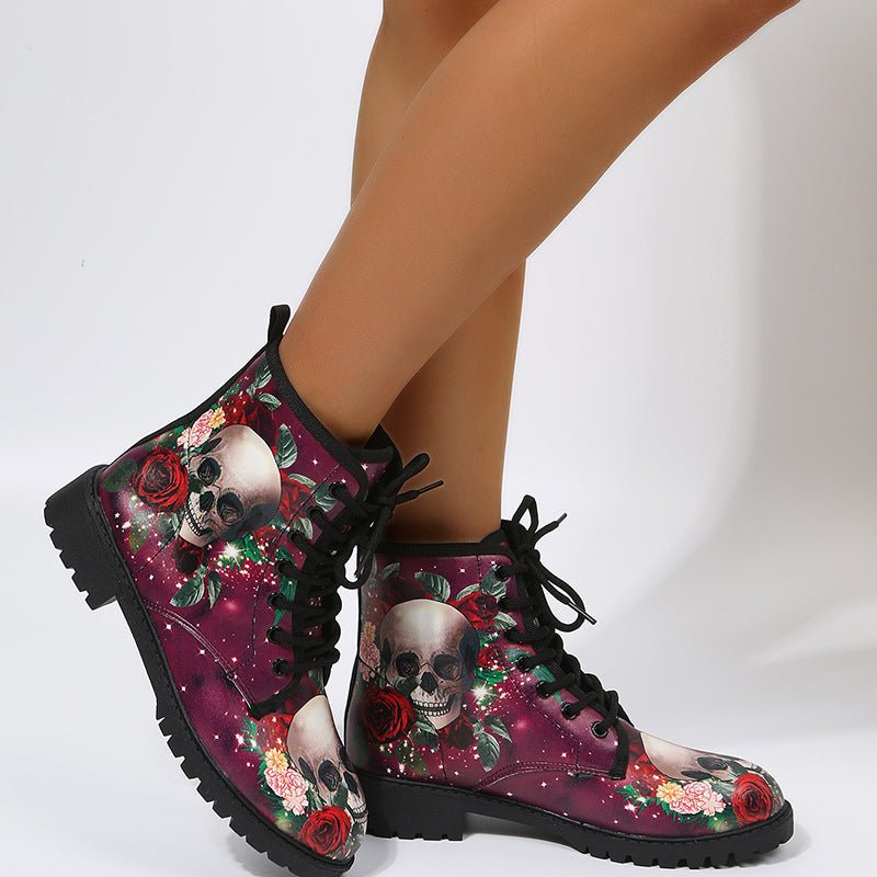 Halloween Shoes Rose Flower Print Lace - up Ankle Boots Women Red Rose