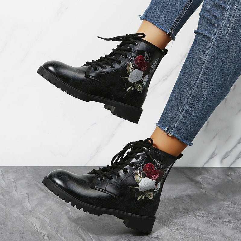 Halloween Shoes Rose Flower Print Lace - up Ankle Boots Women White Rose