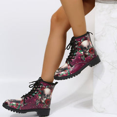 Halloween Shoes Rose Flower Print Lace - up Ankle Boots Women Skull Rose