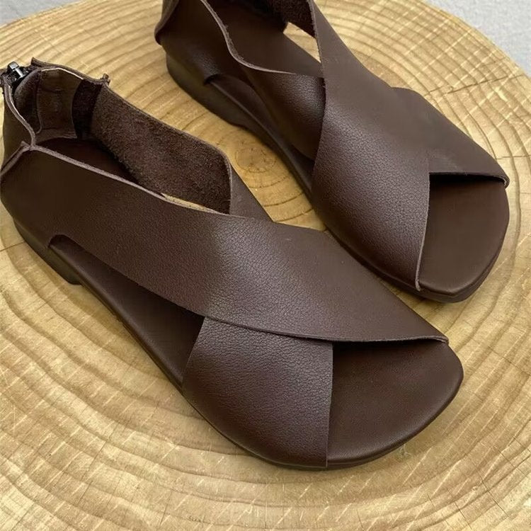 Handmade Retro Vintage Leather Peep Toe Flats Bottom Women's Sandals Brown