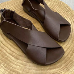 Handmade Retro Vintage Leather Peep Toe Flats Bottom Women's Sandals Brown