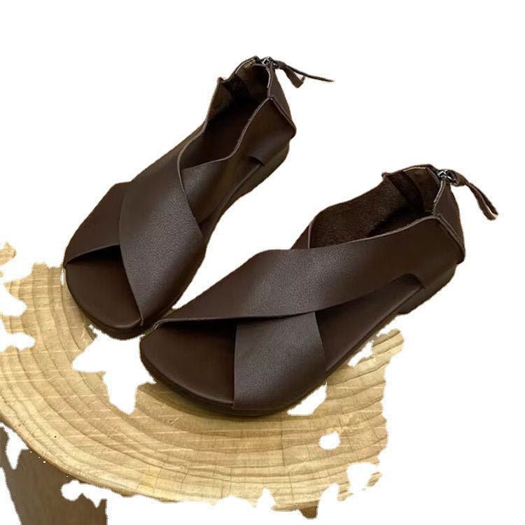 Handmade Retro Vintage Leather Peep Toe Flats Bottom Women's Sandals Brown