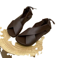 Handmade Retro Vintage Leather Peep Toe Flats Bottom Women's Sandals Brown