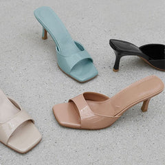 High Heel Slippers Edgy British Style Square Toe Stiletto Outer Wear Beige