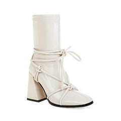 High Heel Square Head Women's Ankle Boots Creamy White