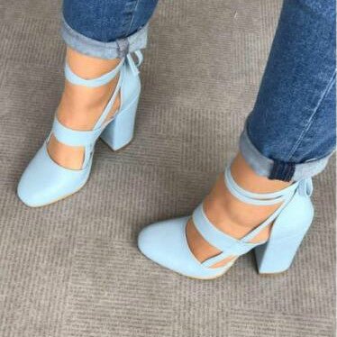 High heel thick heel strap sandals Blue