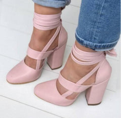 High heel thick heel strap sandals Pink
