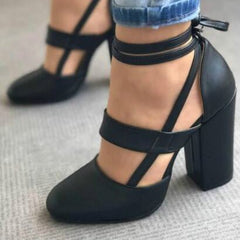 High heel thick heel strap sandals Black