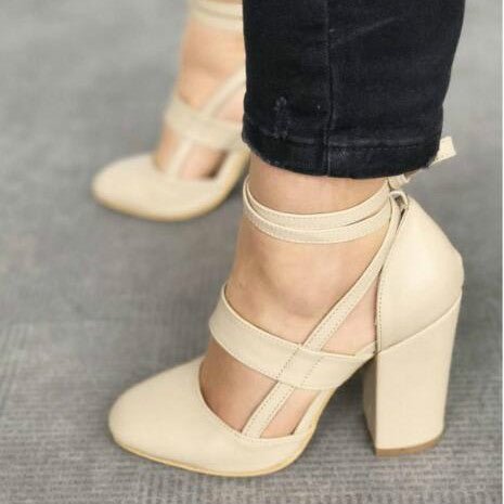 High heel thick heel strap sandals Biege