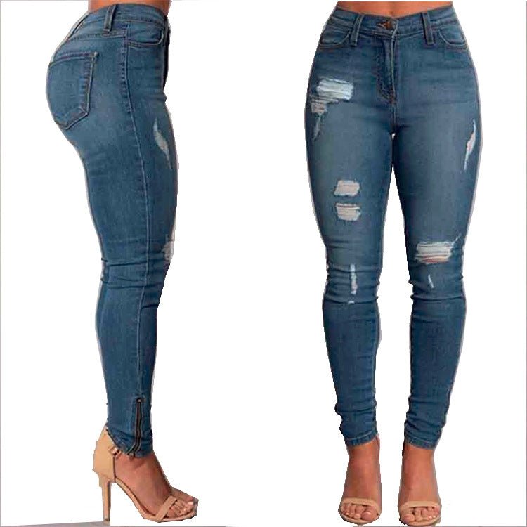 High Waisted Ripped Comfortable Ankle Banded Jeans Blue