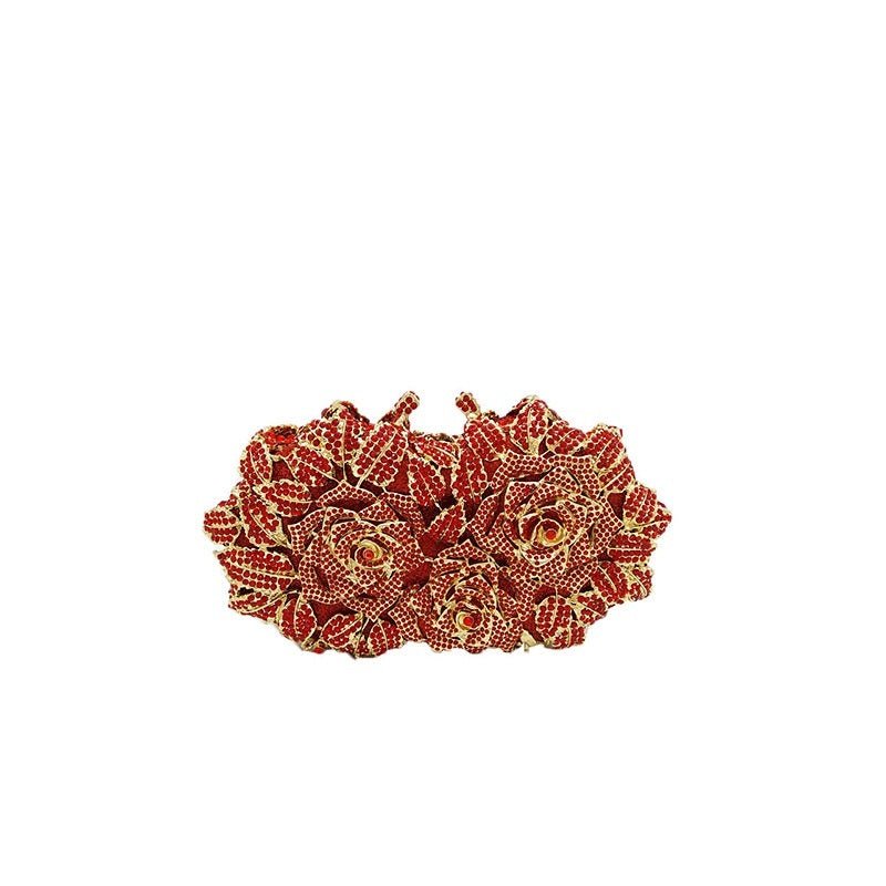 Hollow Flower Bag Portable Diamond Rhinestone Clutch Gold Red