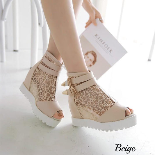 Hollow Single Boots with Sexy Fish Mouth and Thick Bottom Wedge Beige
