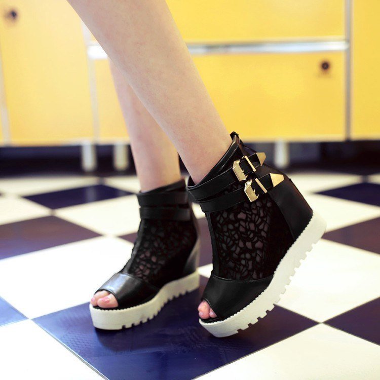 Hollow Single Boots with Sexy Fish Mouth and Thick Bottom Wedge Black