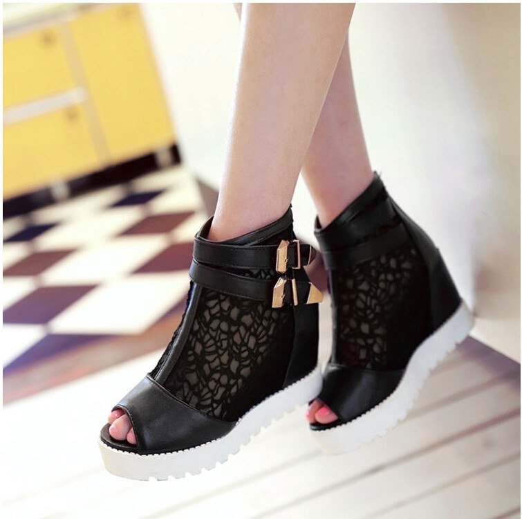 Hollow Single Boots with Sexy Fish Mouth and Thick Bottom Wedge Beige