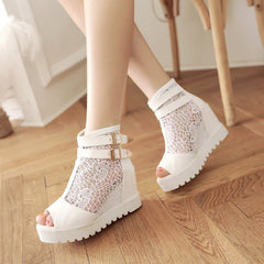 Hollow Single Boots with Sexy Fish Mouth and Thick Bottom Wedge White