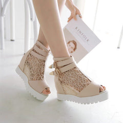 Hollow Single Boots with Sexy Fish Mouth and Thick Bottom Wedge Beige