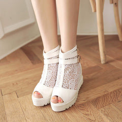 Hollow Single Boots with Sexy Fish Mouth and Thick Bottom Wedge Beige