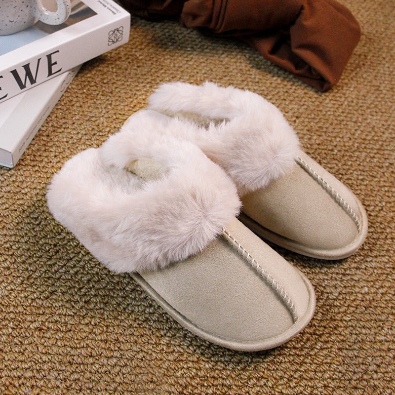 Home Fur Mouth Cotton Slippers Non - slip Toe Cap Plush Comfortable Khaki