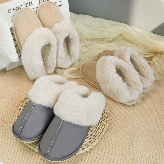 Home Fur Mouth Cotton Slippers Non - slip Toe Cap Plush Comfortable Beige