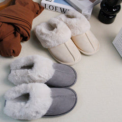 Home Fur Mouth Cotton Slippers Non - slip Toe Cap Plush Comfortable Beige