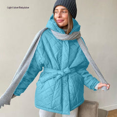 Hooded Cotton Jacket Slim - fit Lace Up Lapel Long Sleeve Plaid Long Light Blue