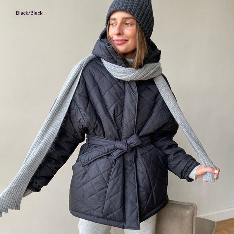Hooded Cotton Jacket Slim - fit Lace Up Lapel Long Sleeve Plaid Long Black