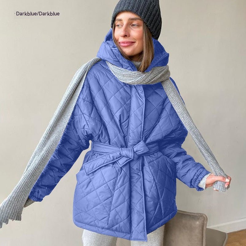 Hooded Cotton Jacket Slim - fit Lace Up Lapel Long Sleeve Plaid Long Dark Blue