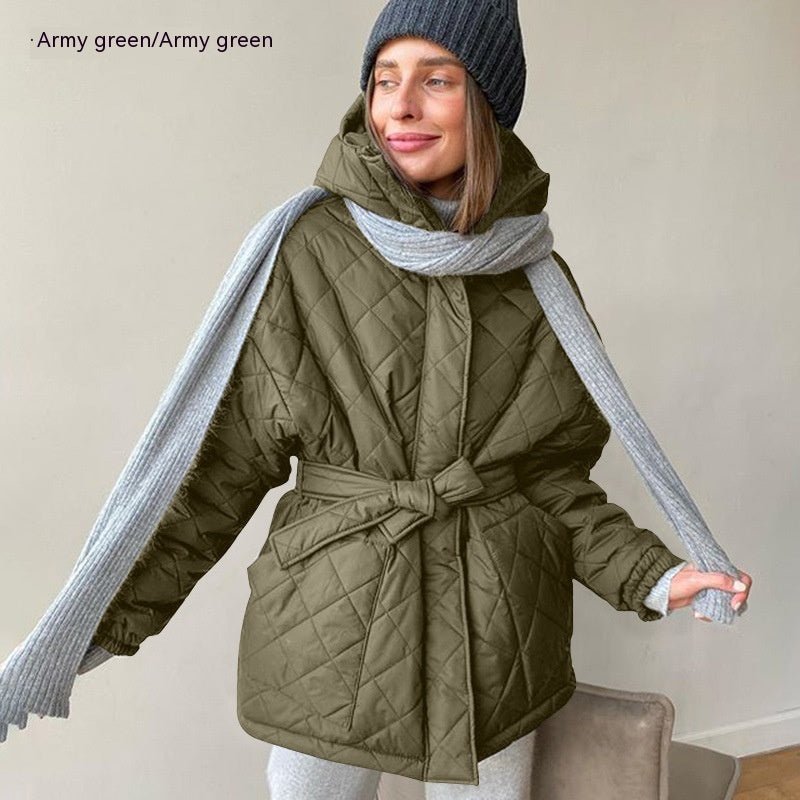 Hooded Cotton Jacket Slim - fit Lace Up Lapel Long Sleeve Plaid Long Army Green