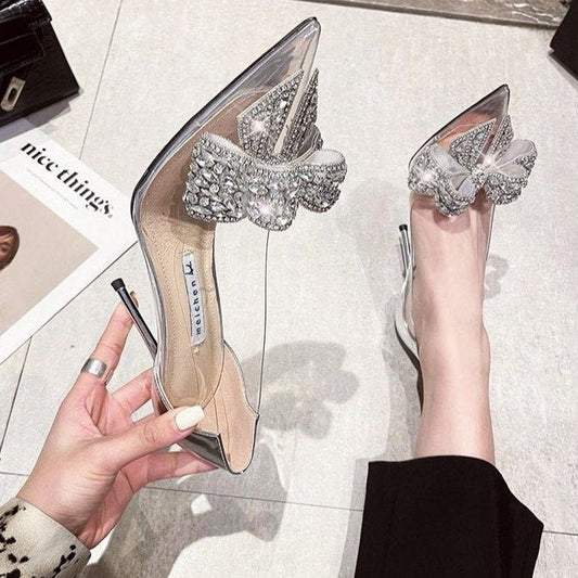 Korean Version Single Shoe Thin Heel Pointed Diamond Bow Champagne