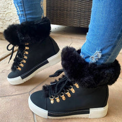 Lace - up Boots Cute Lined Furry Ankle Boots Outdoor Walking Flat Shoes Beige