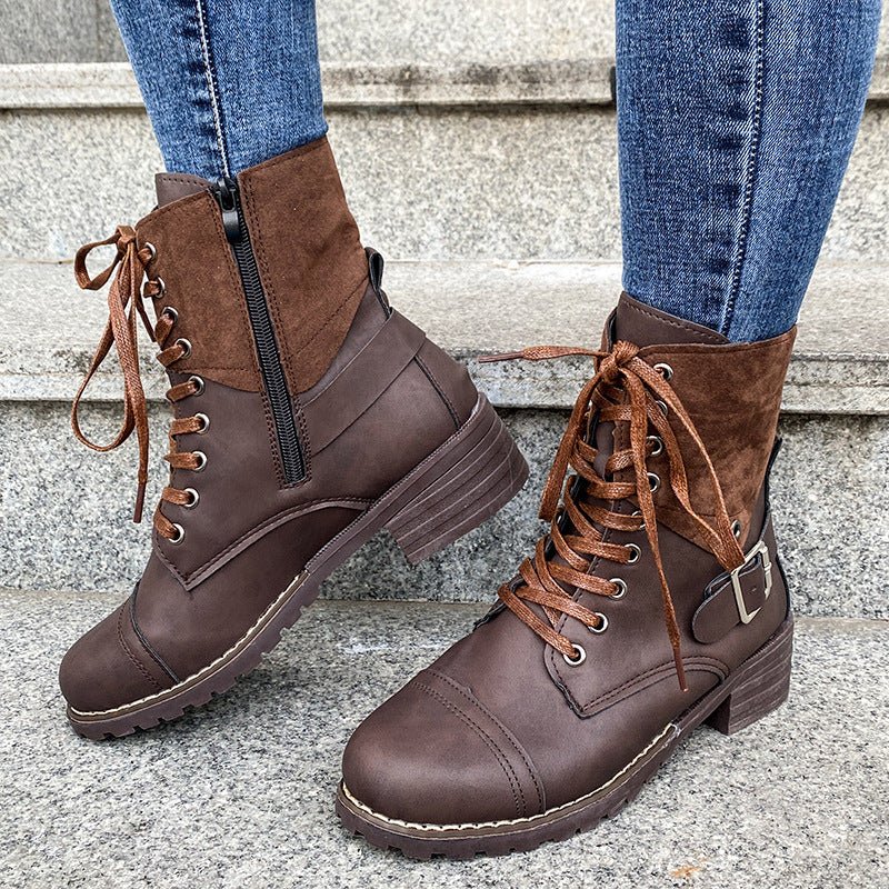 Lace - up Boots Winter Buckle Cowboy Boots Women Low Heel Shoes Coffee