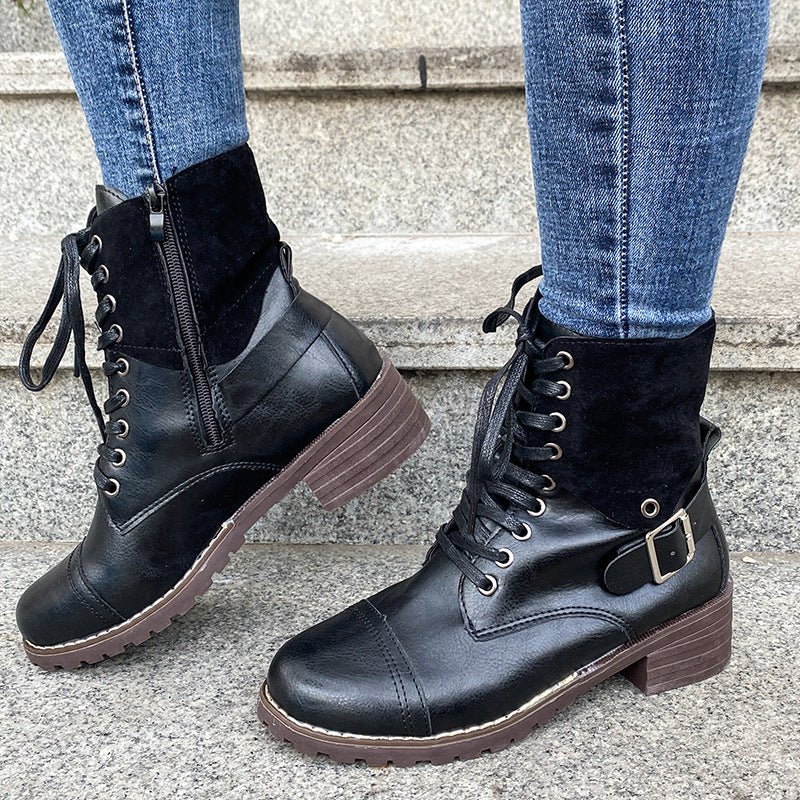 Lace - up Boots Winter Buckle Cowboy Boots Women Low Heel Shoes Black